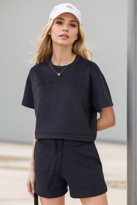 Basic Bae Drawstring Hem Air Scuba Round Neck Short Sleeve T-Shirt Trandify Deal