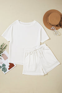 Round Neck Short Sleeve Top and Drawstring Shorts Set Trandify deal