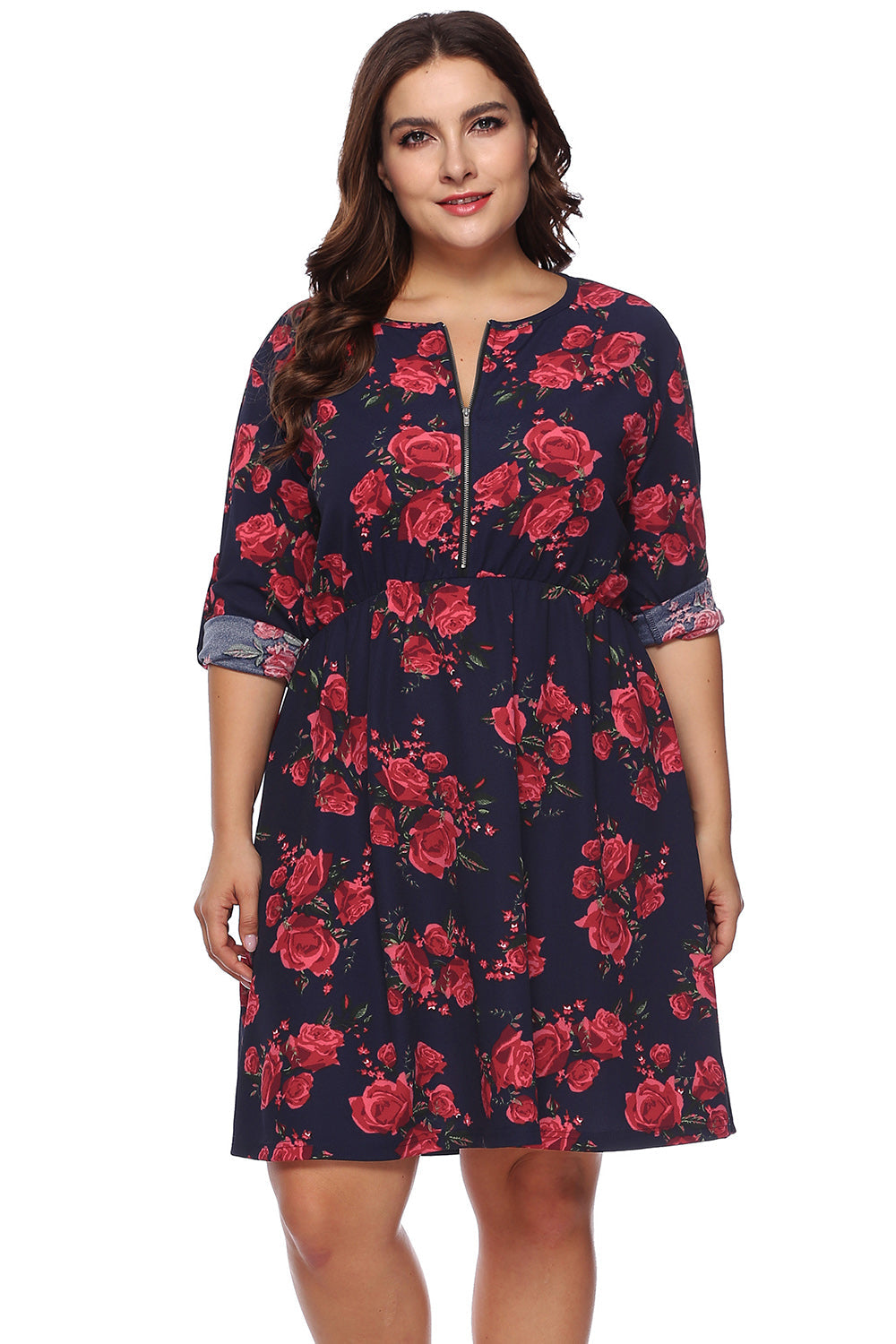 Plus Size Floral Print Half Zip Up Dress Trandify deal