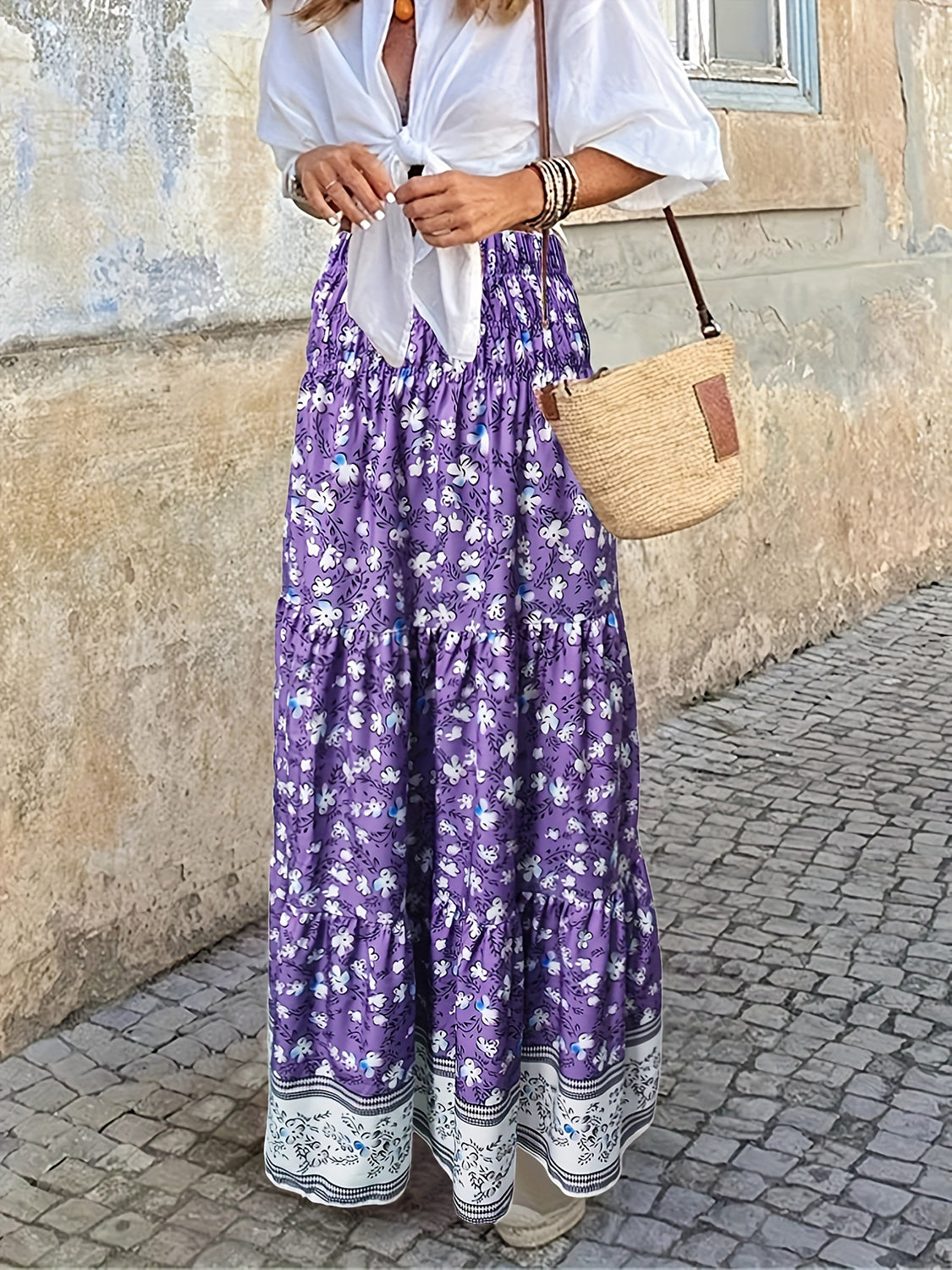 Full Size Tiered Printed Elastic Waist Skirt Trandify deal