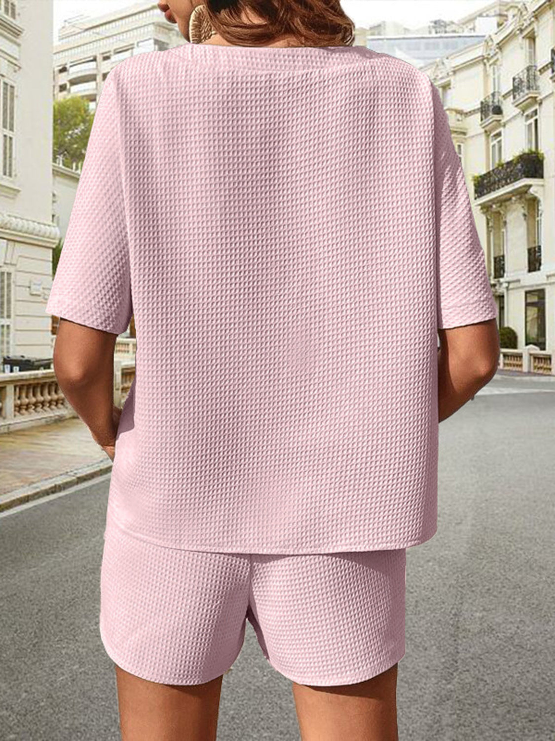 Waffle-Knit Half Sleeve Top and Shorts Set Trandify deal