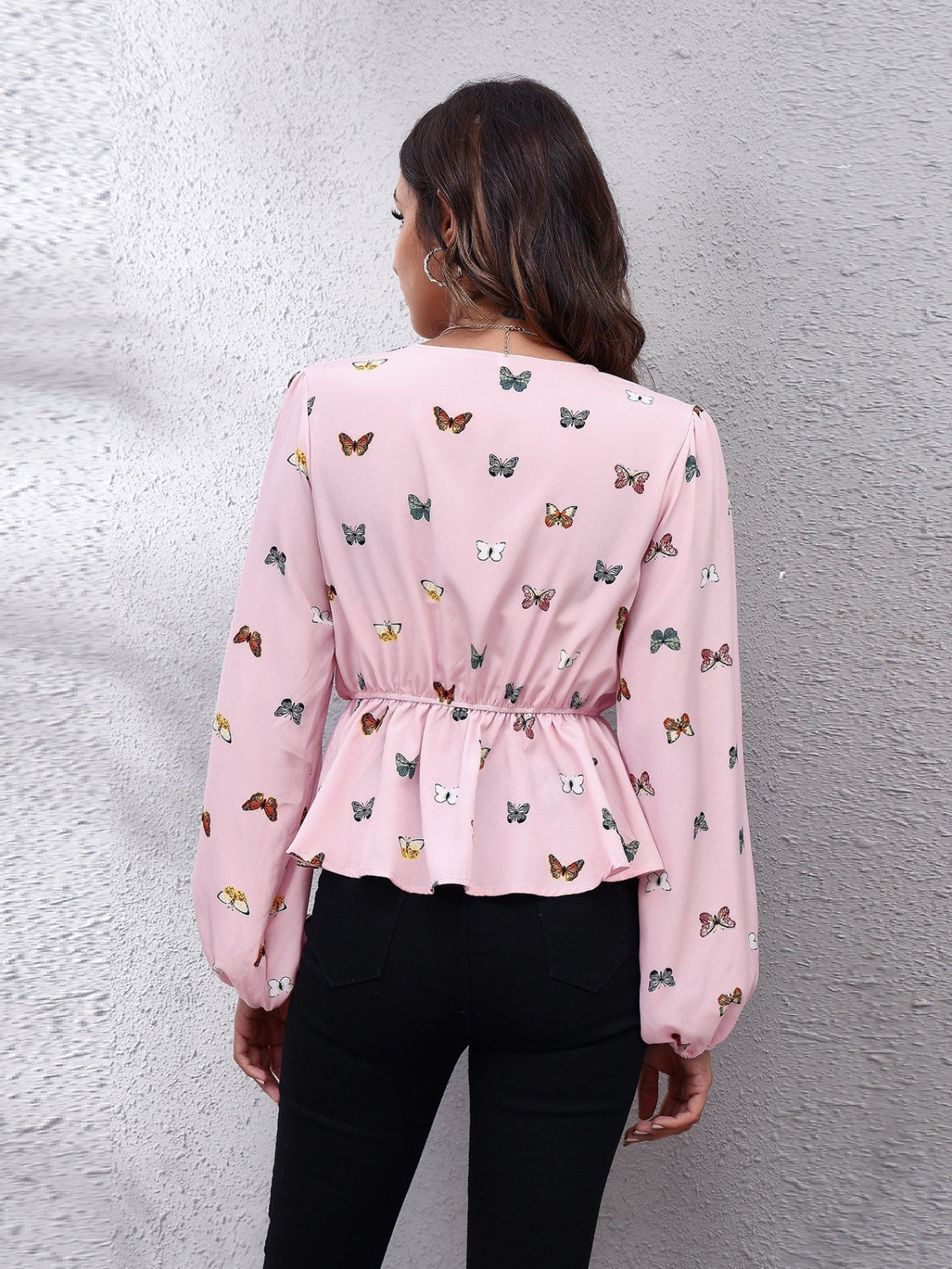 Printed V-Neck Long Sleeve Blouse Trandify Deal