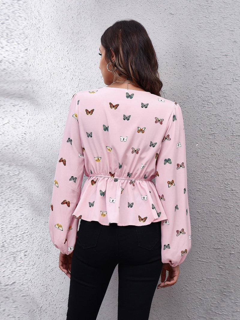 Printed V-Neck Long Sleeve Blouse Trandify Deal