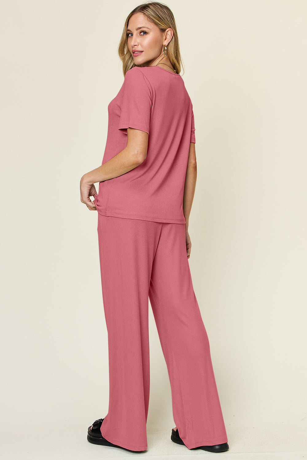 Double Take Full Size Round Neck Short Sleeve T-Shirt and Wide Leg Pants Set Trandify Deal