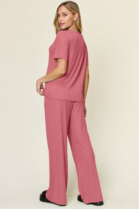 Double Take Full Size Round Neck Short Sleeve T-Shirt and Wide Leg Pants Set Trandify Deal