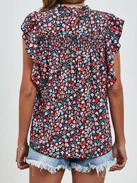 Ruffled Ditsy Floral Mock Neck Cap Sleeve Blouse Trandify deal