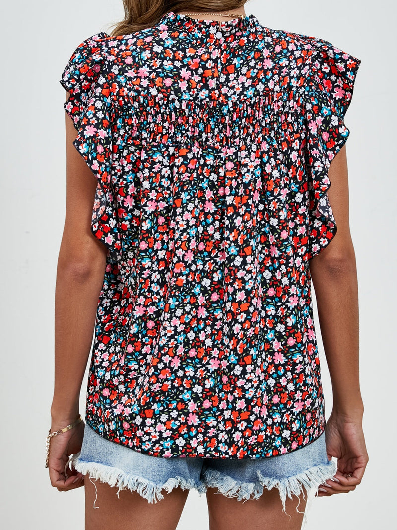 Ruffled Ditsy Floral Mock Neck Cap Sleeve Blouse Trandify deal