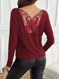 Lace Detail Butterfly Back Round Neck Long Sleeve T-Shirt Trandify Deal