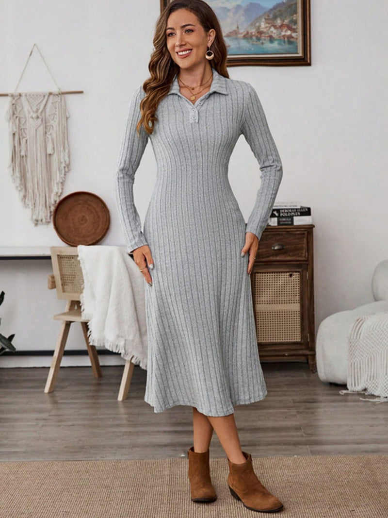 Collared Neck Long Sleeve Midi Dress Trandify Deal