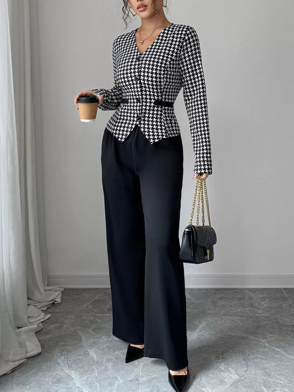 Women's Houndstooth Blazer & Wide Leg Pants Set