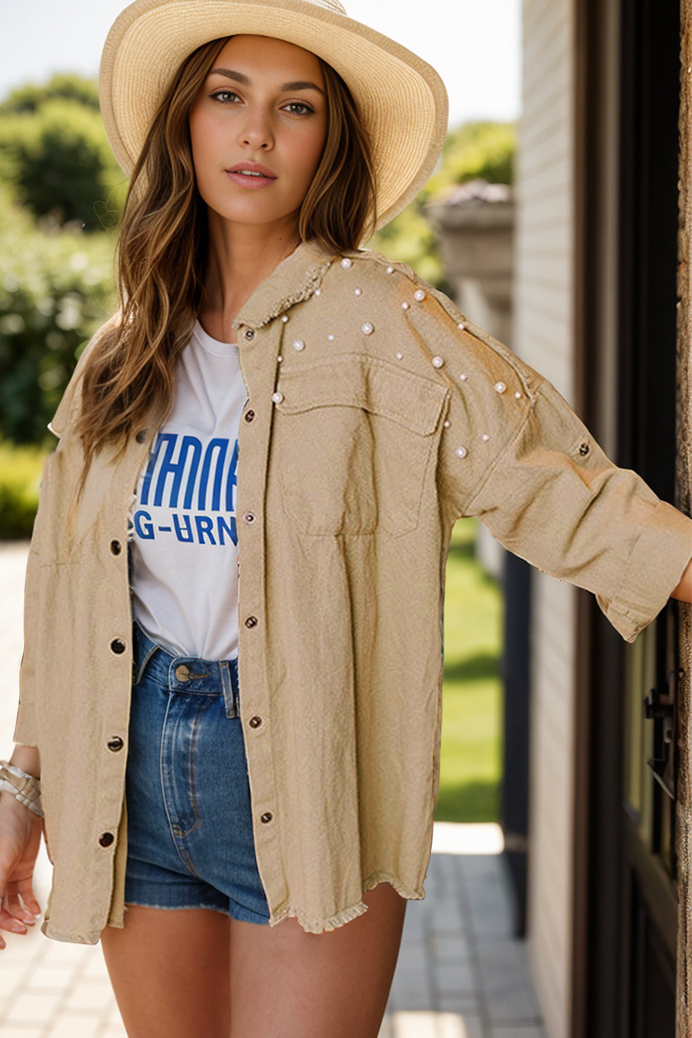 Raw Hem Peal Trim Dropped Shoulder Denim Jacket Trandify Deal
