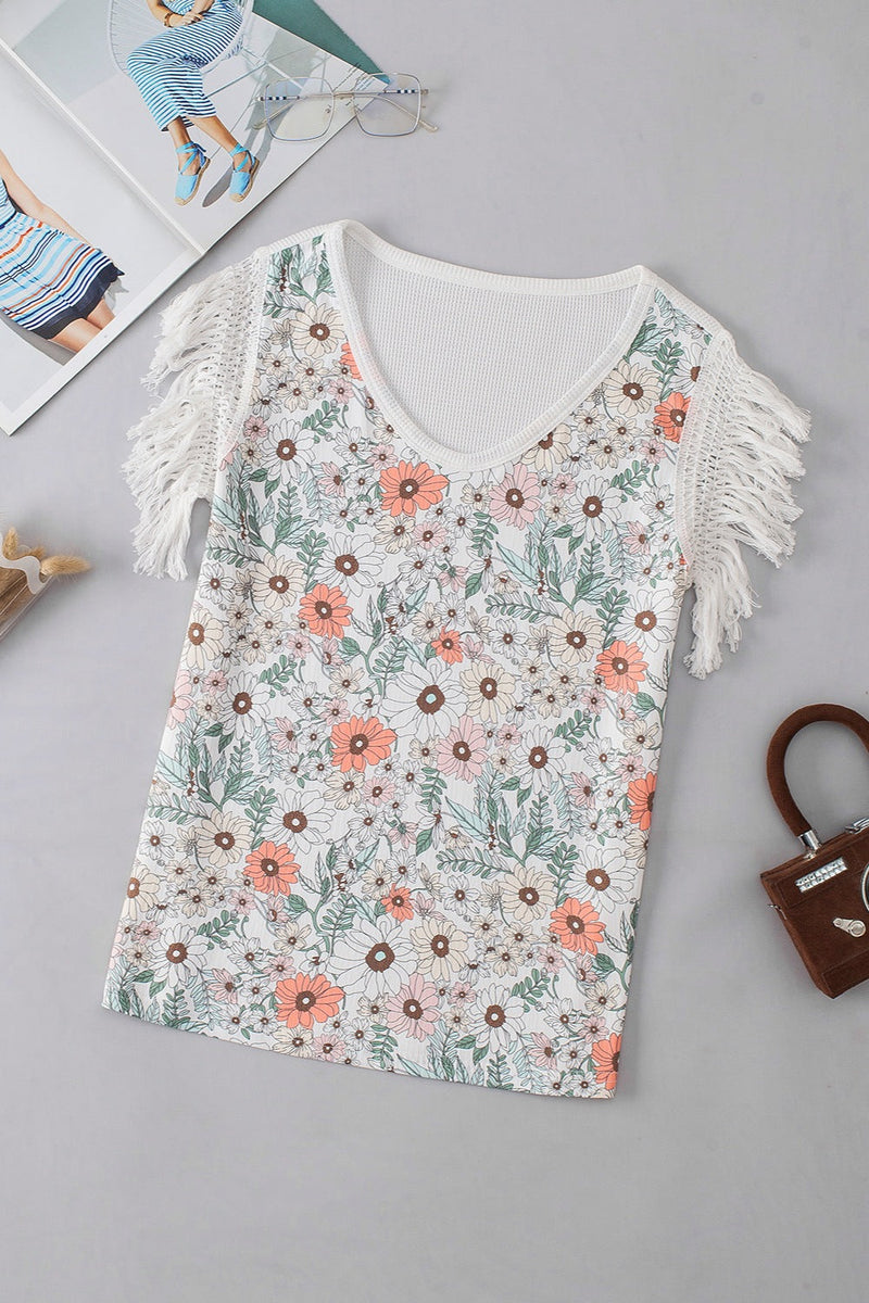 Fringe Printed V-Neck Top Trandify deal