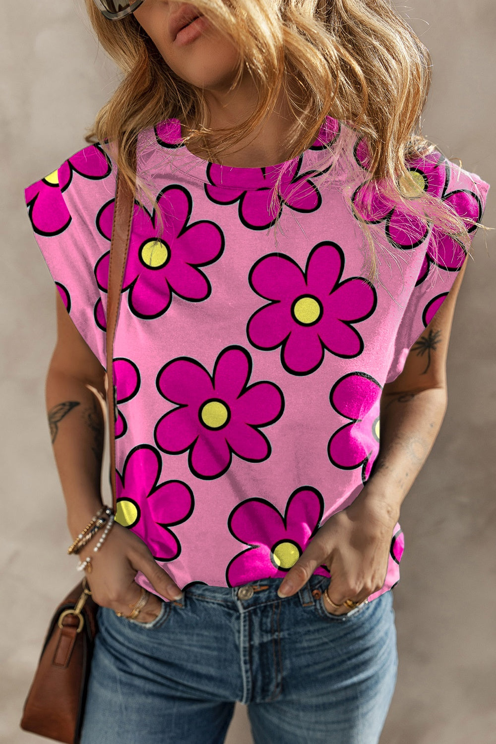 Printed Round Neck Cap Sleeve T-Shirt - Trandify Deal