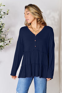 Double Take Half Button Long Sleeve Ruffle Hem Blouse Trandify Deal