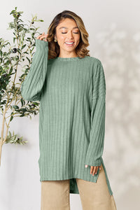 Basic Bae Full Size Ribbed Round Neck Long Sleeve Slit Top Trandify Deal