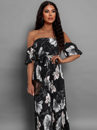 Pleated Floral Off-Shoulder Short Sleeve Midi Dress Trandify deal