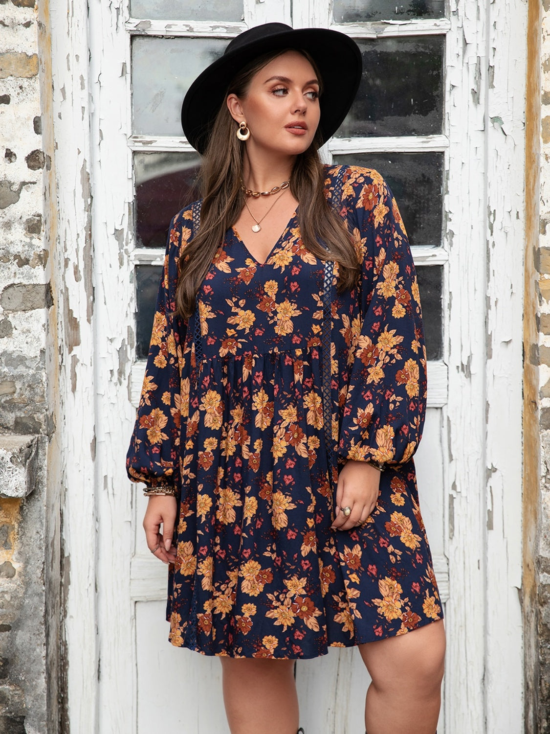 Plus Size Floral V-Neck Balloon Sleeve Dress Trandify deal