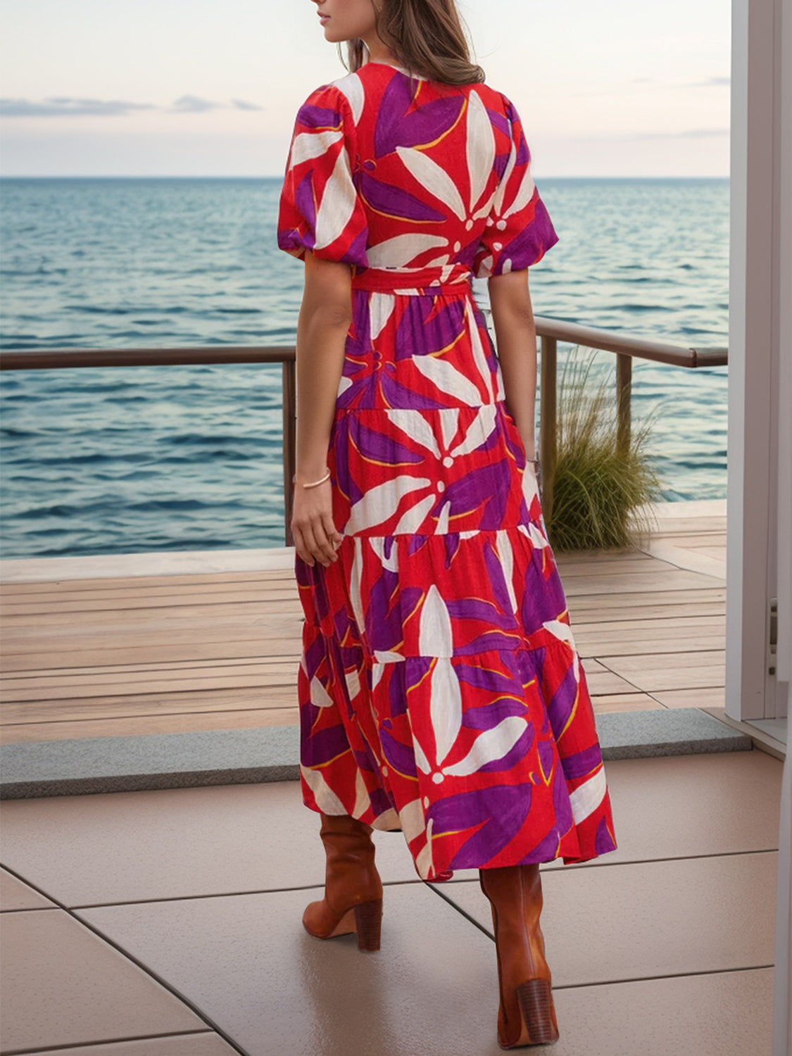 Tied Slit Printed Half Sleeve Midi Dress Trandify Deal