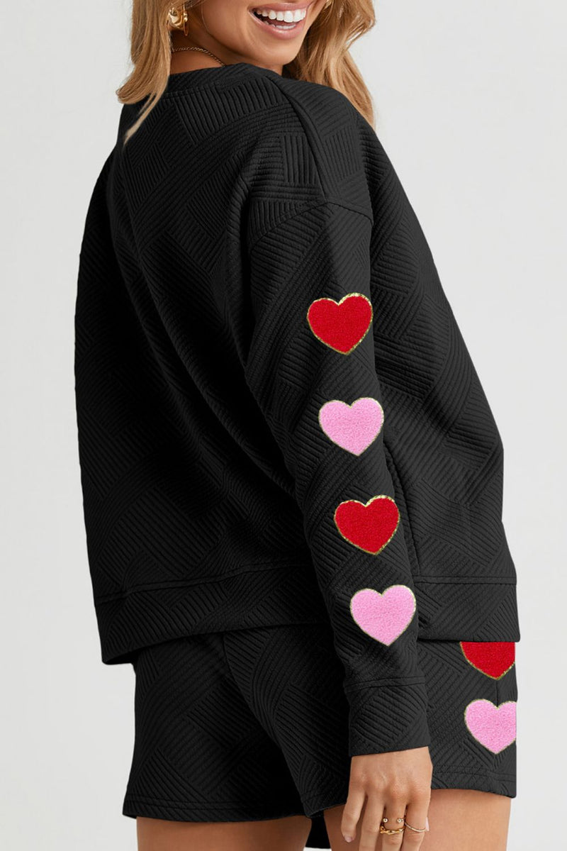 Heart Texture Round Neck Top and Drawstring Shorts Set Trandify Deal