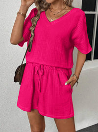 V-Neck Half Sleeve Top and Shorts Set - Trandify Deal