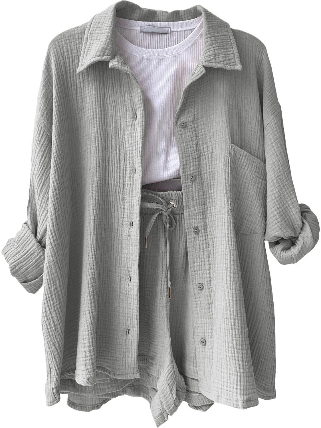 Texture Button Up Shirt and Drawstring Shorts Set Trandify deal