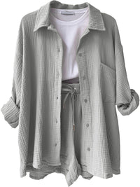 Texture Button Up Shirt and Drawstring Shorts Set Trandify deal