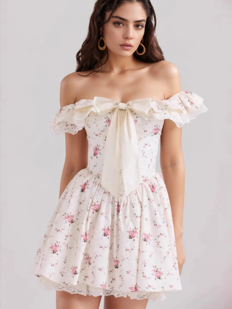 Women's Off-Shoulder Floral Lace Mini Dress – Boho Summer Party Dress