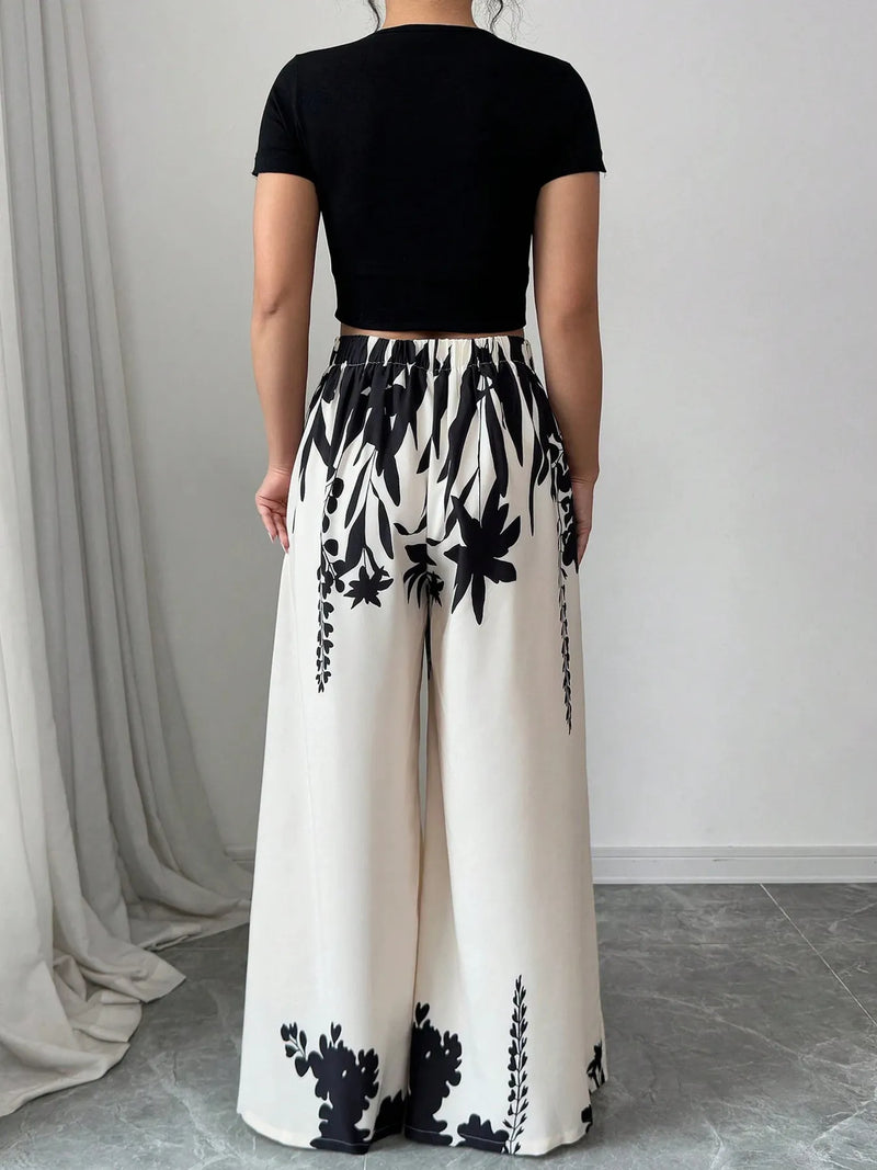 Printed Wide Leg Pants with floral boho pattern model walking