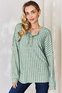 Basic Bae Full Size Ribbed Half Button Long Sleeve T-Shirt Trandify Deal