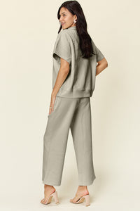 Double Take Full Size Texture Half Zip Short Sleeve Top and Pants Set - Trandify Deal