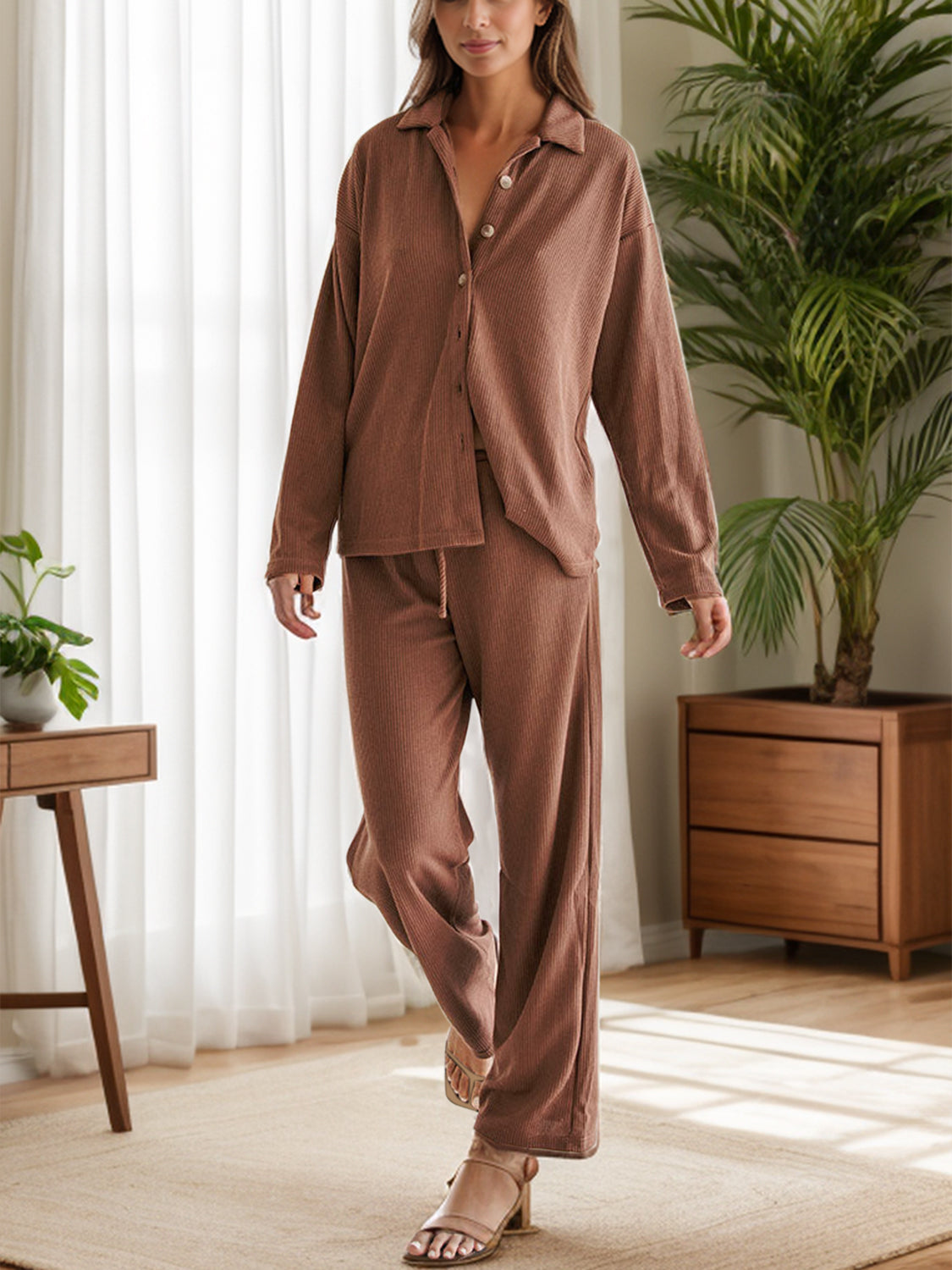 Collared Neck Long Sleeve Top and Drawstring Pants Set Trandify Deal