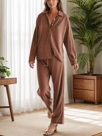 Collared Neck Long Sleeve Top and Drawstring Pants Set Trandify Deal
