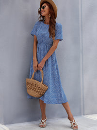 Printed Round Neck Short Sleeve Midi Dress Trandify Deal