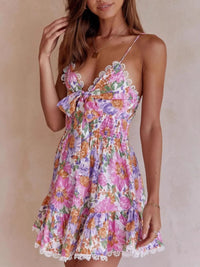 Floral Print Tie-Front Cami Dress with Lace Trim – Women’s Boho Summer Mini Dress