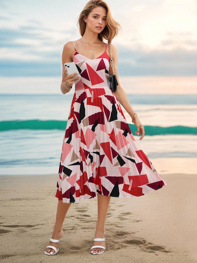 Perfee Pleated Geometric Spaghetti Strap Dress Trandify deal