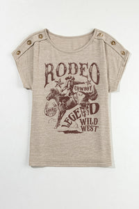 Decorative Button Graphic Round Neck Short Sleeve T-Shirt Trandify deal