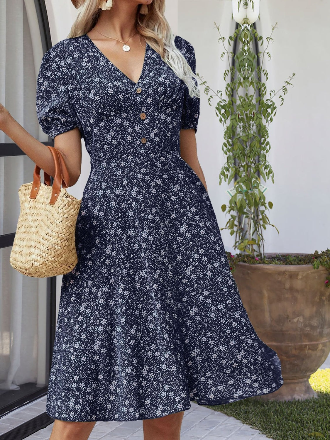 Printed V-Neck Short Sleeve Dress Trandify deal