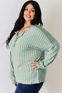 Basic Bae Full Size Ribbed Half Button Long Sleeve T-Shirt Trandify Deal