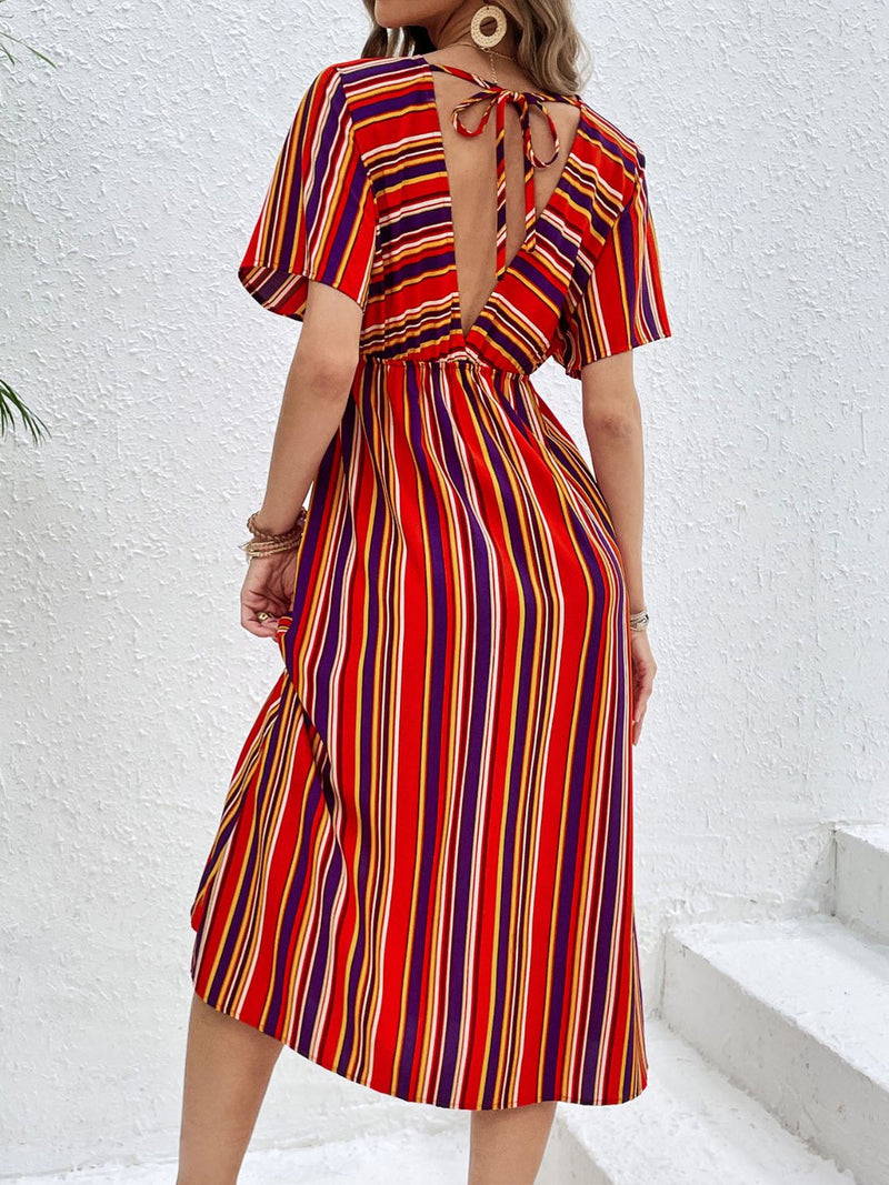 Perfee Slit Striped V-Neck Short Sleeve Midi Dress Trandify deal
