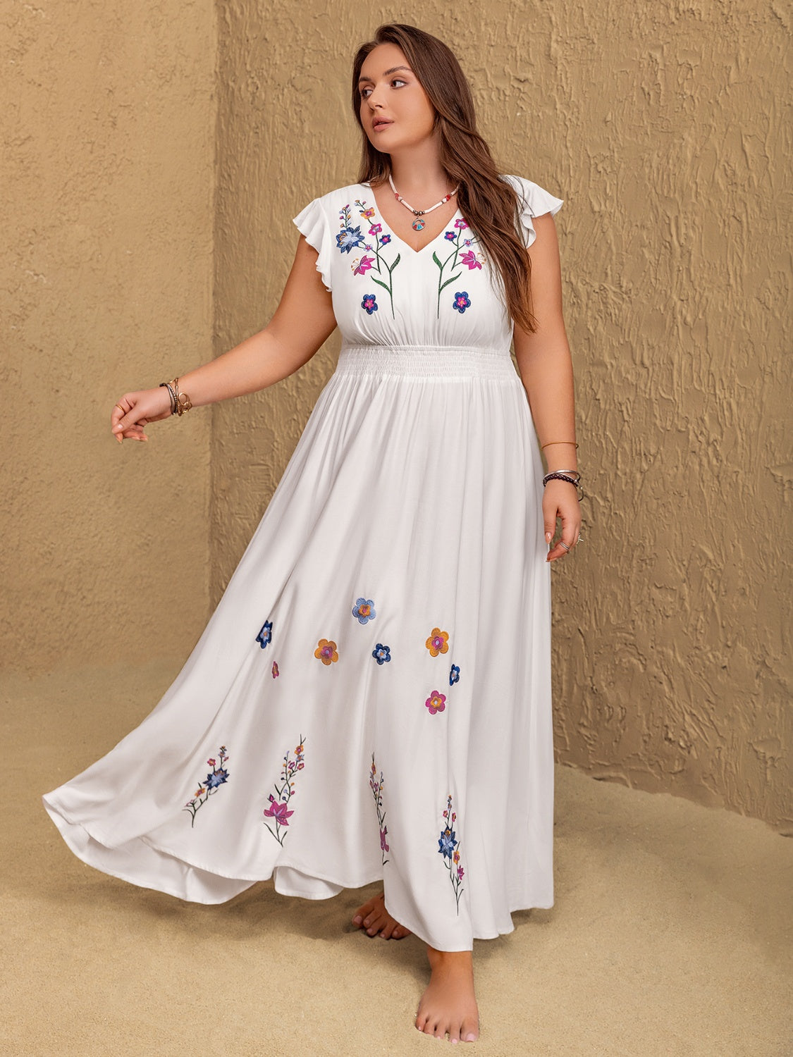 Plus Size Floral Embroidered Maxi Dress for US Women – Boho Wedding Guest Outfit