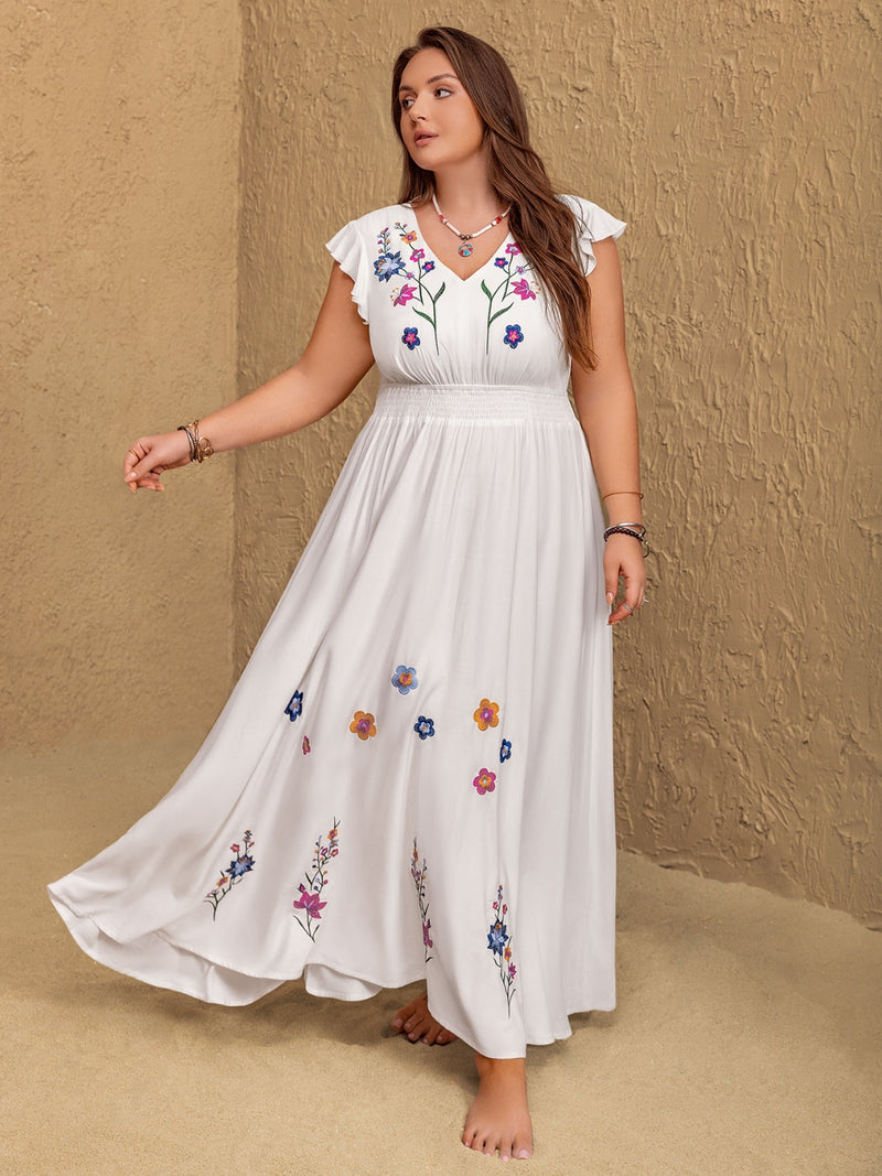 Plus Size Floral Embroidered Maxi Dress for US Women – Boho Wedding Guest Outfit