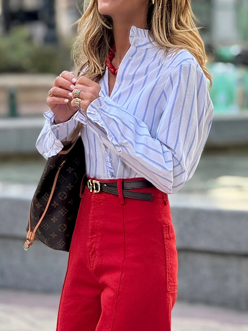 Trendy striped women's blouse with frill detail – long sleeve casual top for 2025 fashion
