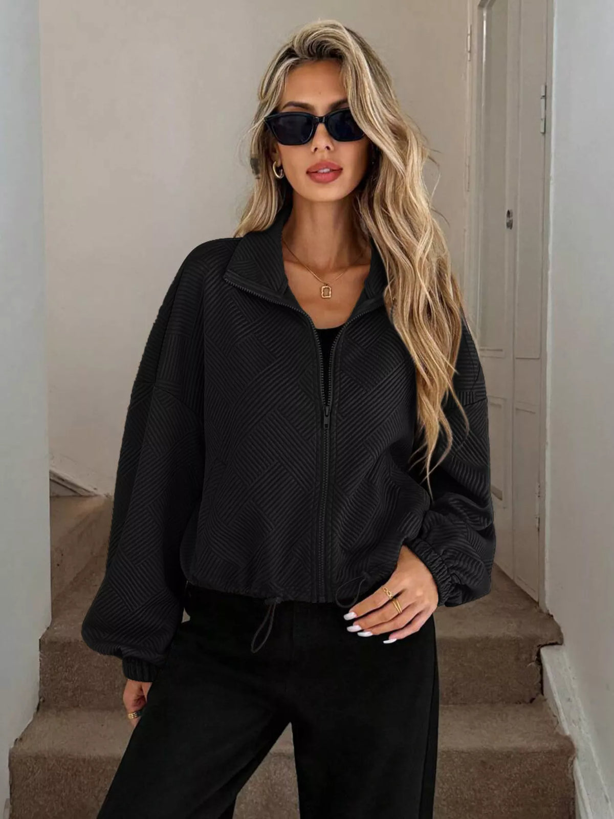Women's Ribbed Drawstring Jacket - Casual Long Sleeve Zip-Up
