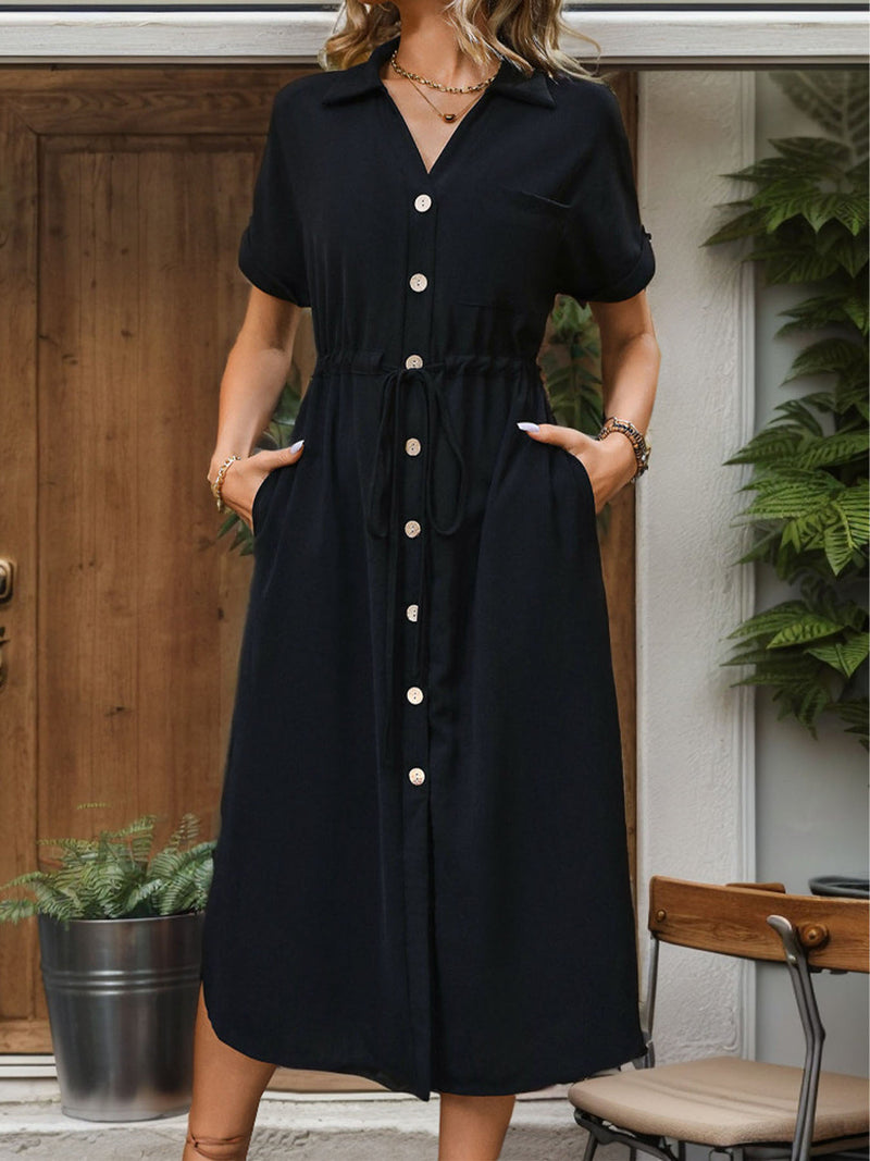 Perfee Slit Drawstring Button Up Short Sleeve Midi Dress Trandify deal