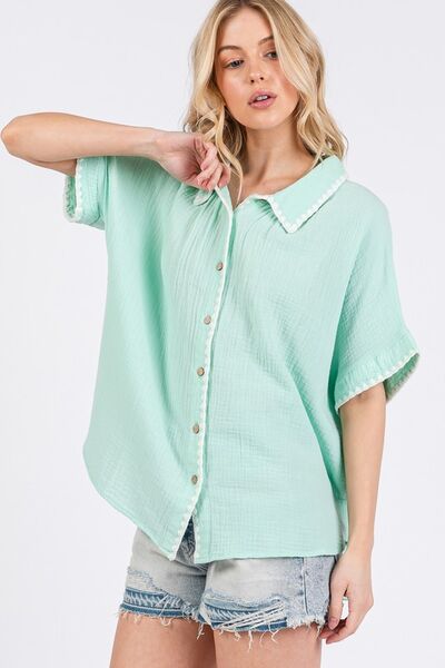 Boho Women’s Gauze Shirt with Contrast Trim – Stylish Casual Blouse