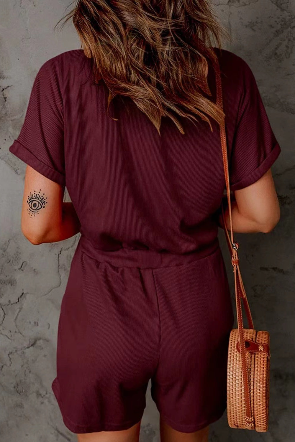 Full Size Drawstring V-Neck Short Sleeve Romper Trandify deal