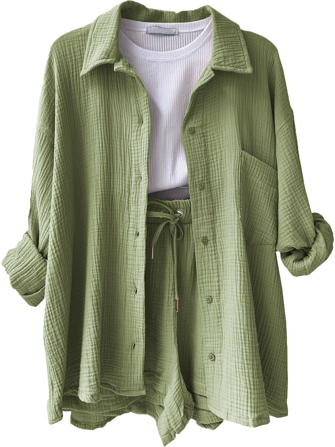 Texture Button Up Shirt and Drawstring Shorts Set Trandify deal