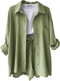 Texture Button Up Shirt and Drawstring Shorts Set Trandify deal
