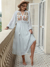Plus Size Printed Tie Neck Long Sleeve Midi Dress Trandify Deal