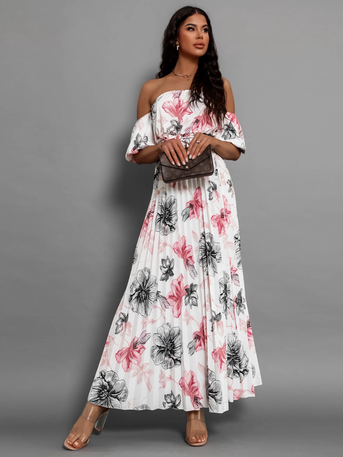 Pleated Floral Off-Shoulder Short Sleeve Midi Dress Trandify deal